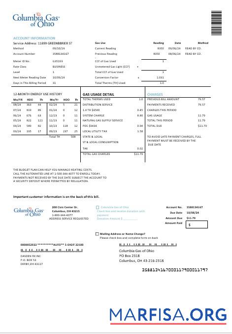Downloadable USA Columbia Gas of Ohio business utility bill template in Word and PDF formats
